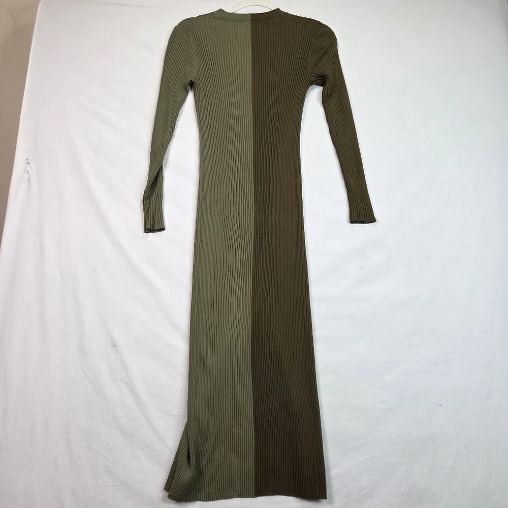 STAUD Ribbed Two Tone Green Midi Dress S Button Front Stretch Viscose Fitted - Picture 11 of 12